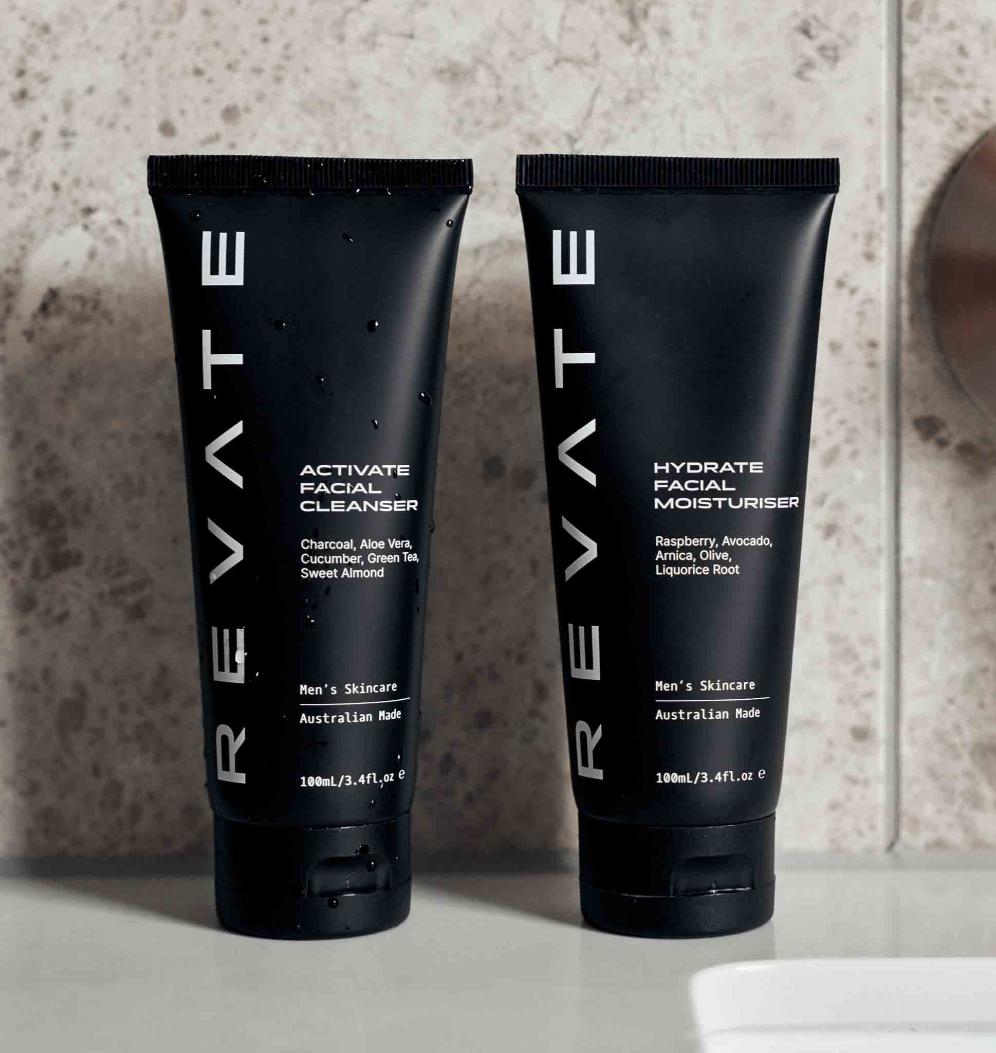 Cleanser and Moisturiser next to basin in bathroom