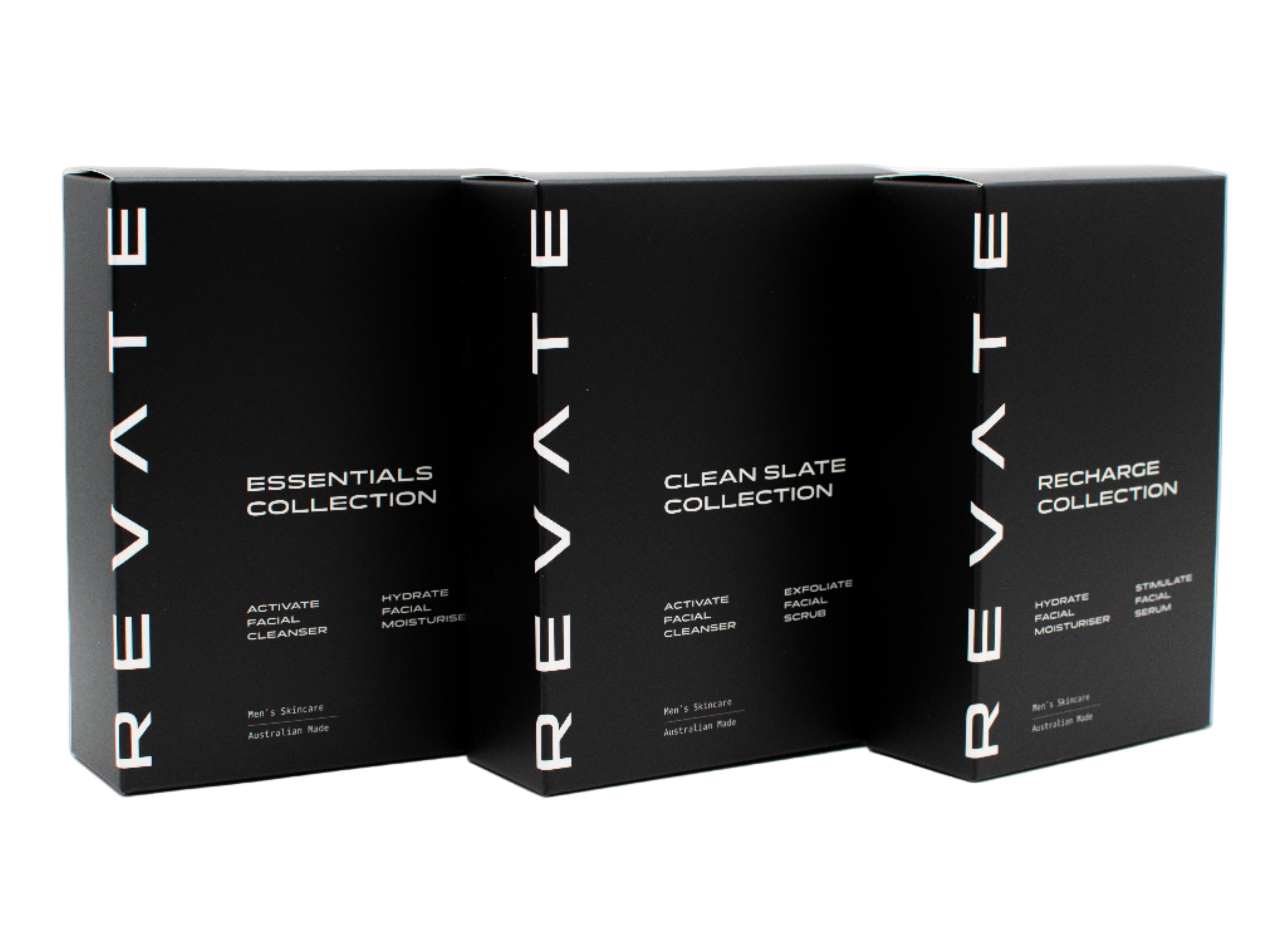 Three black boxes labeled 'Essentials Collection', 'Clean Slate Collection', and 'Recharge Collection' from the brand 'REVATE'.