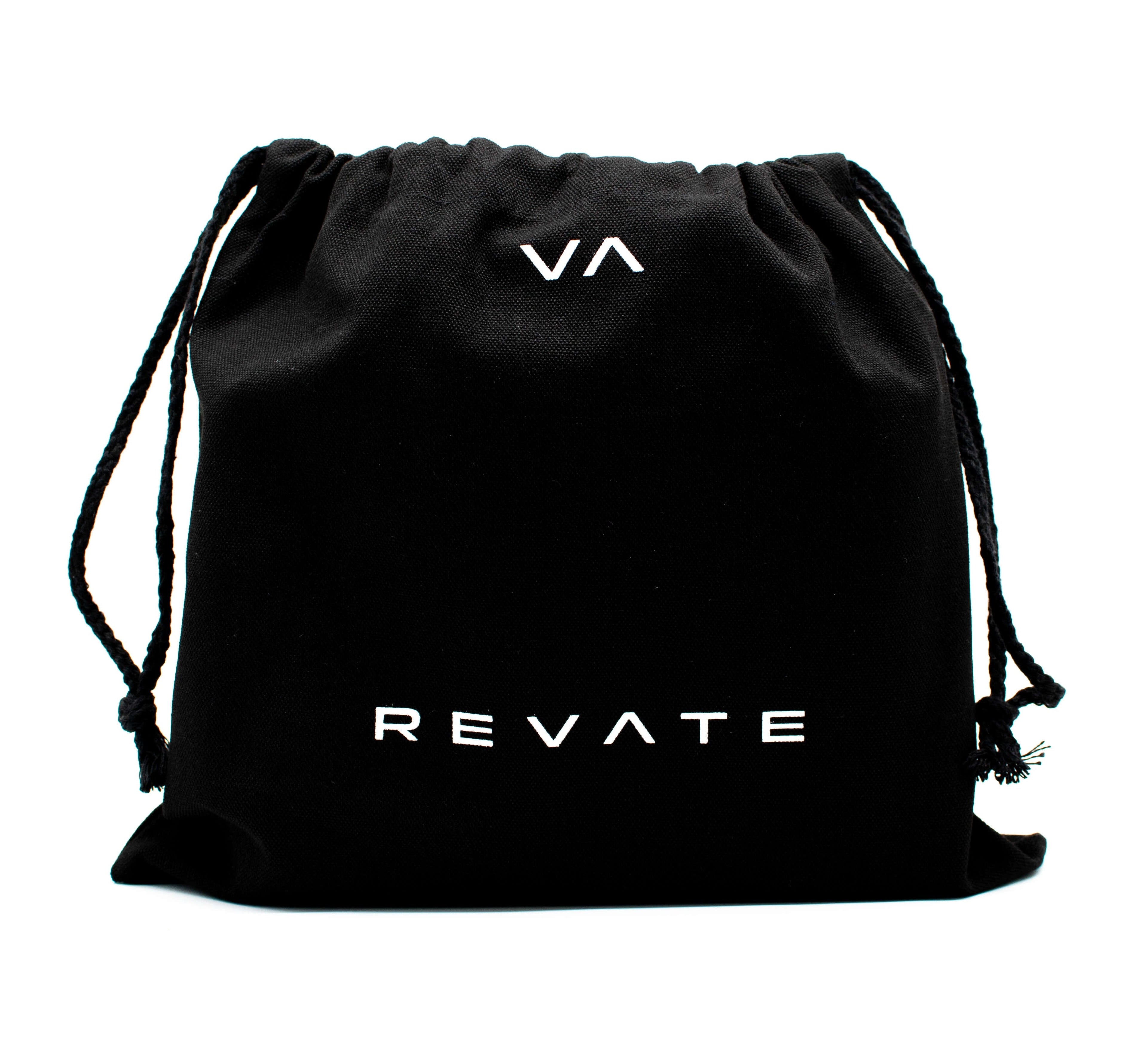 Black drawstring bag with 'REVATE' branding on a white background