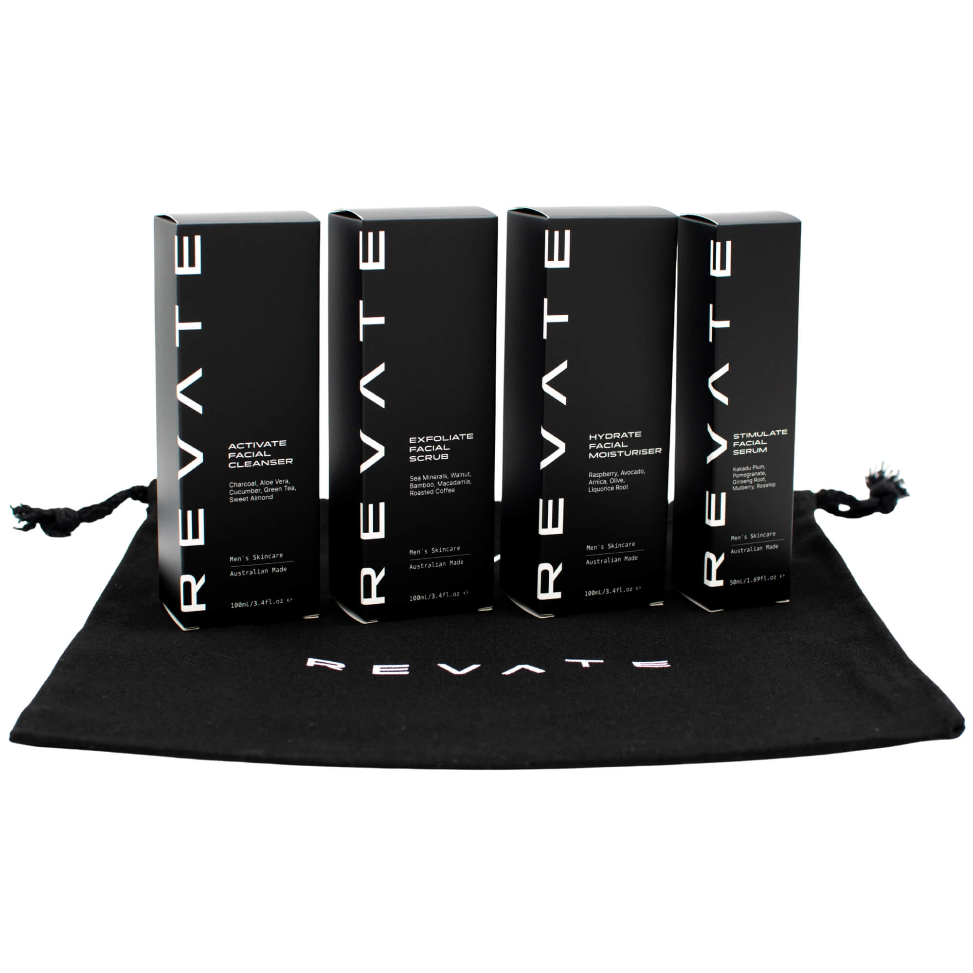 Revate Skin 4 Products With A Black Drawstring Bag