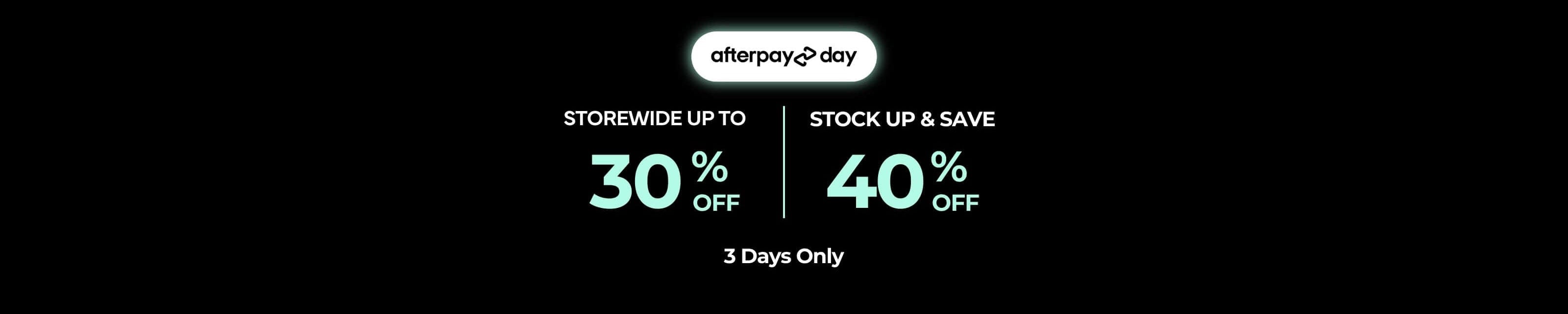 Promotional banner for Afterpay & Paylend with discount information on a black background